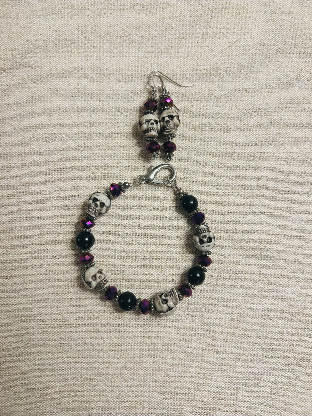 Skull Bead Bracelet and Earring Set in Purple and Black